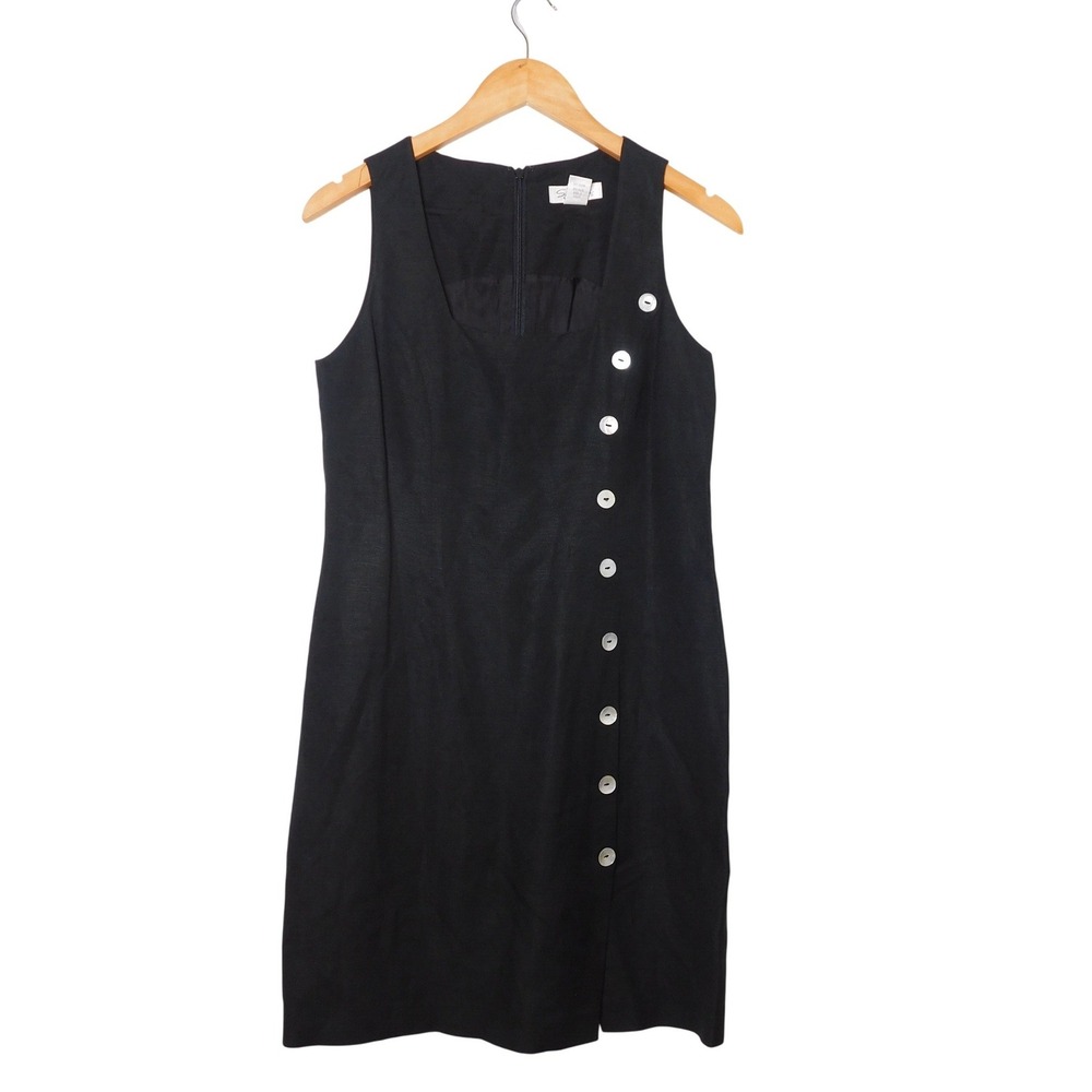 Vintage Spiegel Black Linen Blend‎ Asymmetrical Button Front Shift Dress Size 4